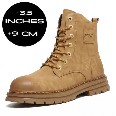 FORCIANO FRONTLINE Boots That Make You Taller in brown premium leather shown at a front angle with a 9 cm / 3.6" height graphic.