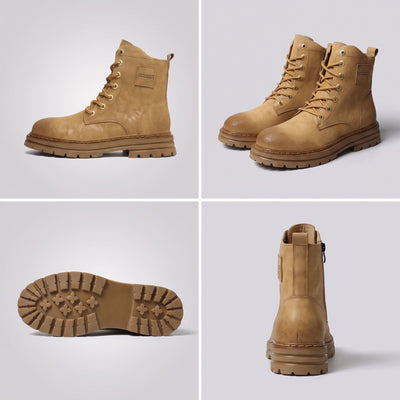 FORCIANO FRONTLINE Boots That Make You Taller in brown premium leather shown in a multi-view collage with side, pair, outsole and rear views.