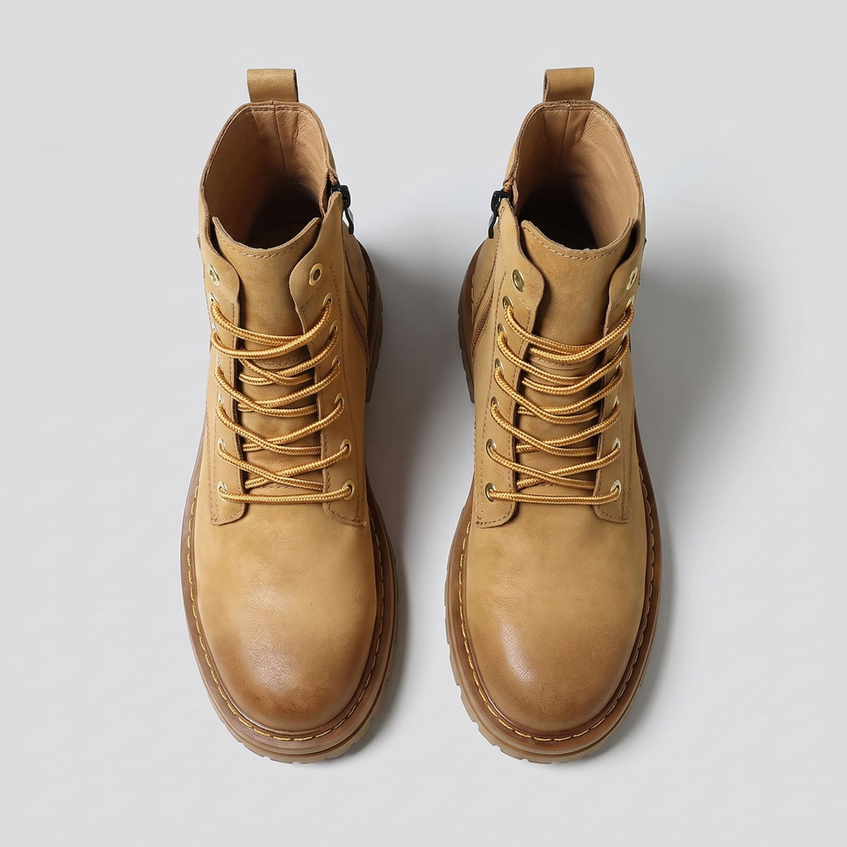 FORCIANO FRONTLINE Boots That Make You Taller in brown premium leather shown as a pair from the top with laces and open collars visible.