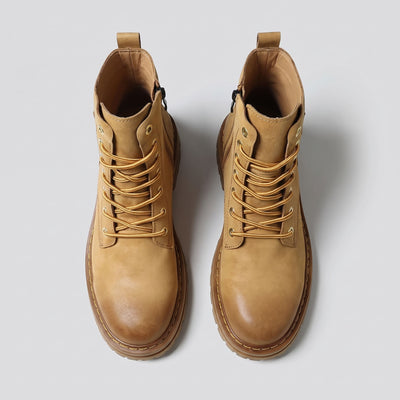 FORCIANO FRONTLINE Boots That Make You Taller in brown premium leather shown as a pair from the top with laces and open collars visible.