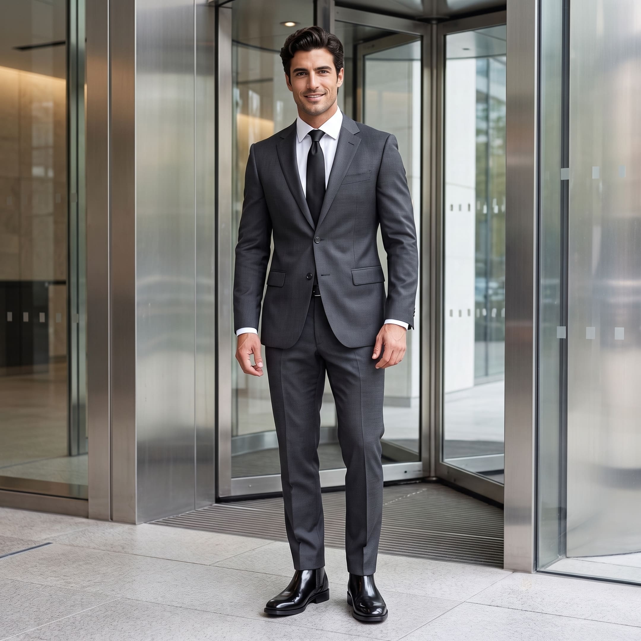 FORCIANO GARDA FOR MEN black elevator boots with genuine leather upper shown worn by a male model in a gray formal suit.