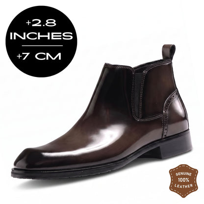 FORCIANO GARDA FOR MEN brown elevator boots with genuine leather upper shown from a front-side angle with 7 cm / 2.8" height graphic.