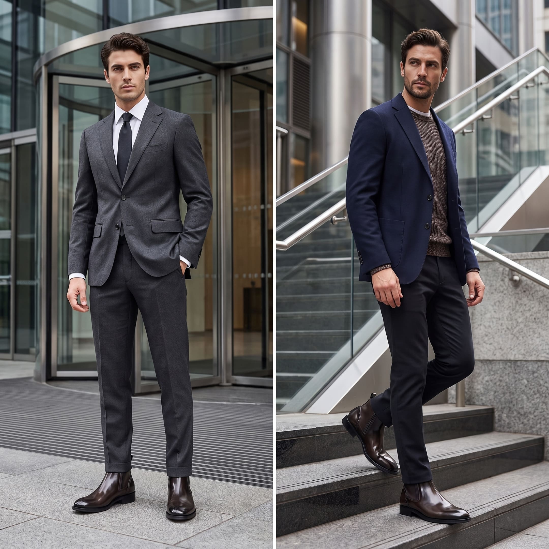FORCIANO GARDA FOR MEN brown elevator boots with genuine leather upper shown in two formal business lifestyle views with tailored outfits.