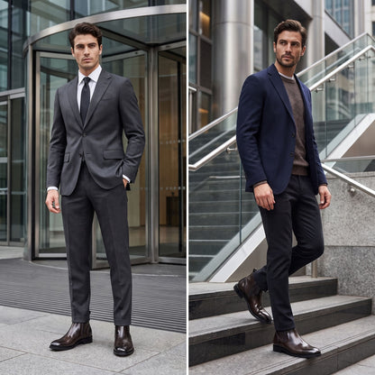 FORCIANO GARDA FOR MEN brown elevator boots with genuine leather upper shown in two formal business lifestyle views with tailored outfits.