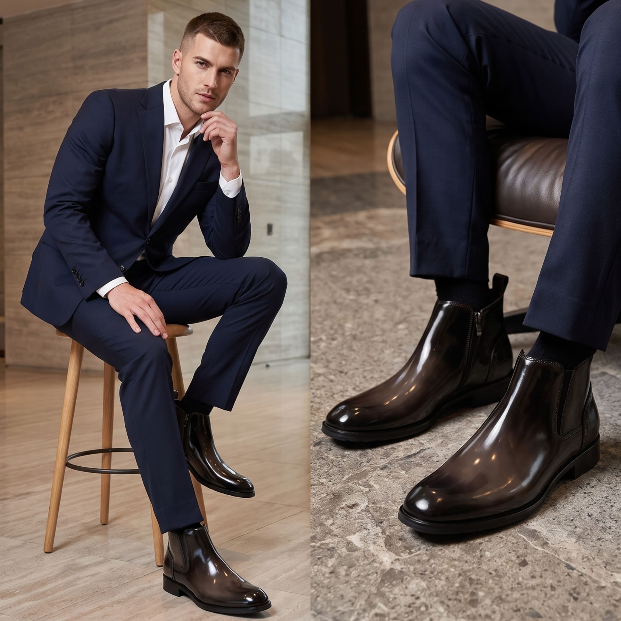 FORCIANO GARDA FOR MEN brown elevator boots with genuine leather upper shown worn by a seated male model in a formal suit lifestyle setting.