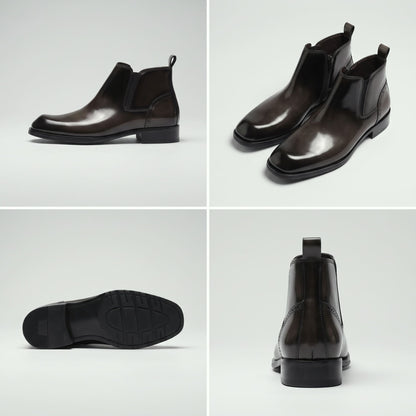 FORCIANO GARDA FOR MEN brown elevator boots with genuine leather upper shown in a four-view collage with side, pair, outsole and rear views.