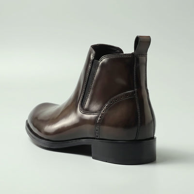 FORCIANO GARDA FOR MEN brown elevator boots with genuine leather upper shown from the rear three-quarter angle with pull tab and heel.