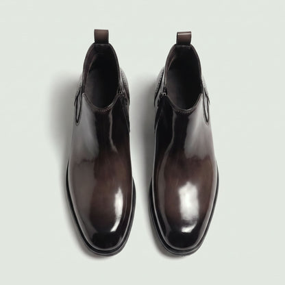 FORCIANO GARDA FOR MEN brown elevator boots with genuine leather upper shown as a pair from the top view with ankle openings visible.