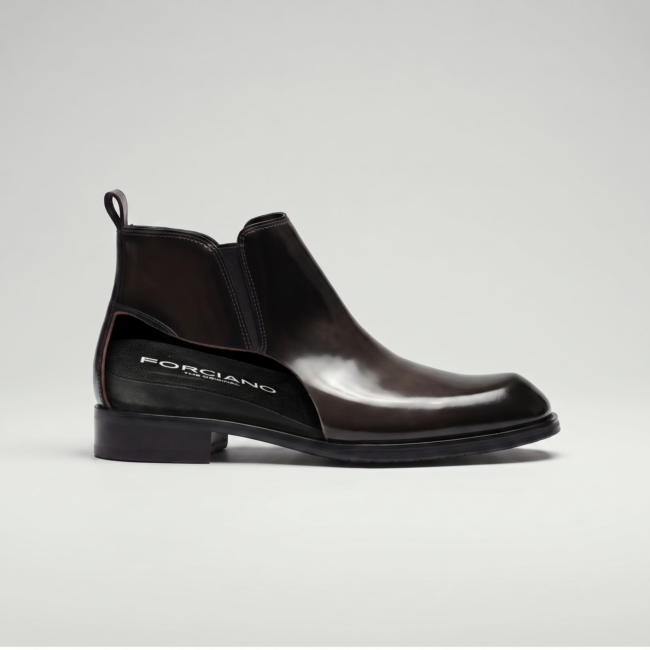 FORCIANO GARDA FOR MEN brown hidden lift elevator boot shown in side cutaway view, revealing the internal lift beneath the genuine leather upper.