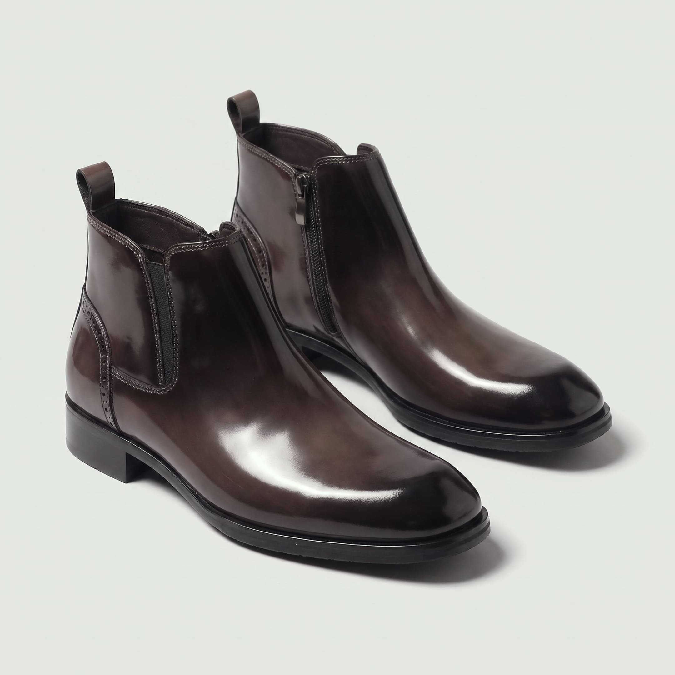 FORCIANO GARDA FOR MEN brown leather height increasing boots shown as a pair of ankle boots from a front three-quarter angle.