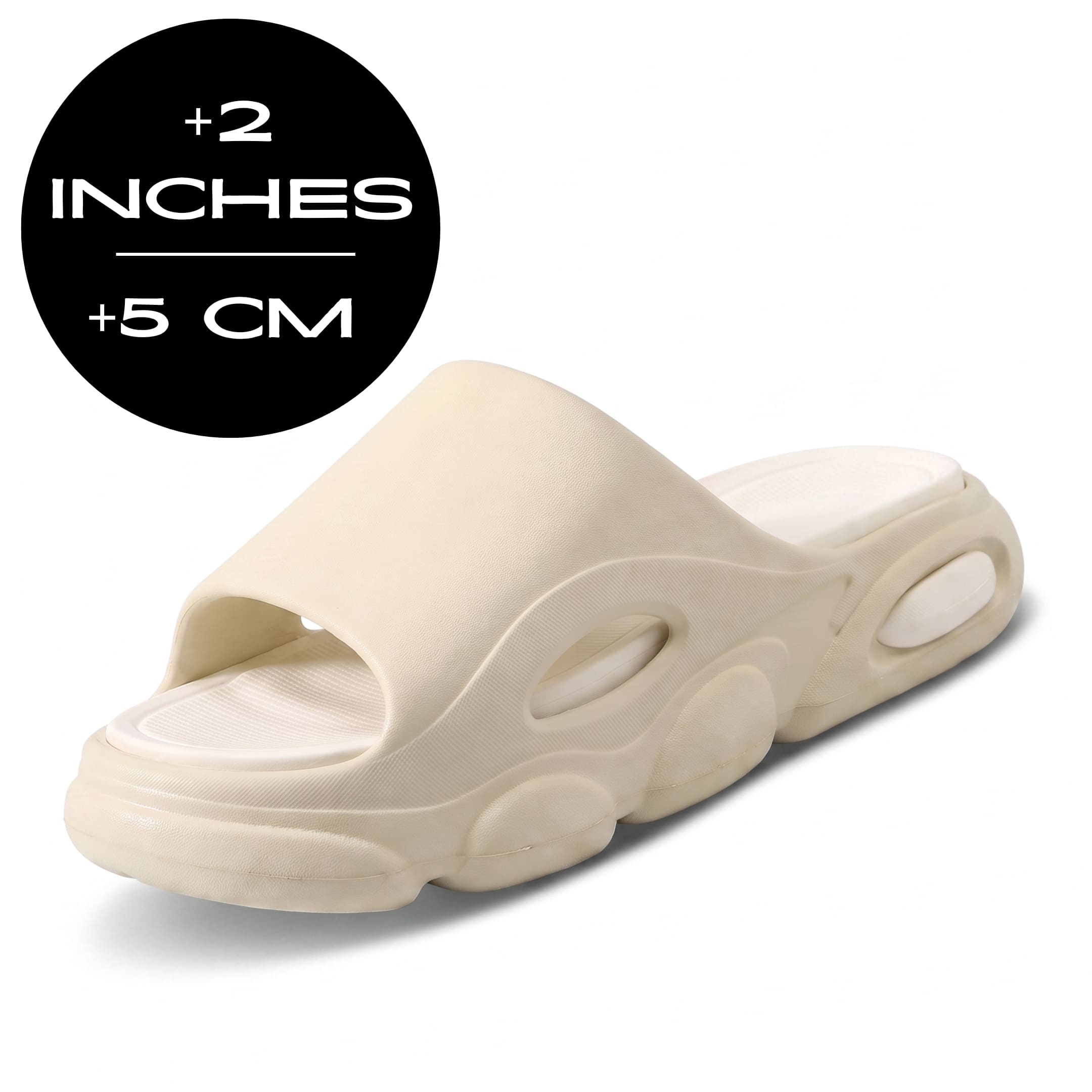 FORCIANO GLOW Height Increasing Slippers for Women in beige and white with ultra-soft EVA construction, shown at a front angle with 5 cm / 2 inches height graphic.