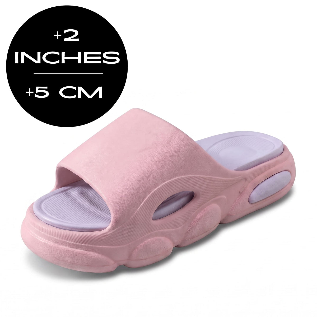 FORCIANO GLOW Height Increasing Slippers for Women in pink and purple with ultra-soft EVA construction, shown at a front angle with 5 cm / 2 inches height graphic.