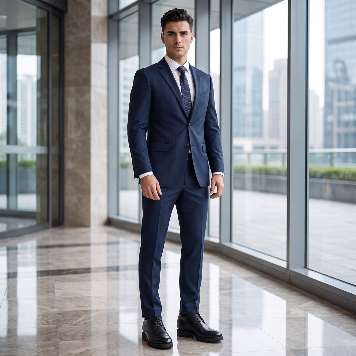 FORCIANO GRANDIOR black Height Increasing Shoes with premium leather upper worn with a navy suit in a formal lifestyle setting.