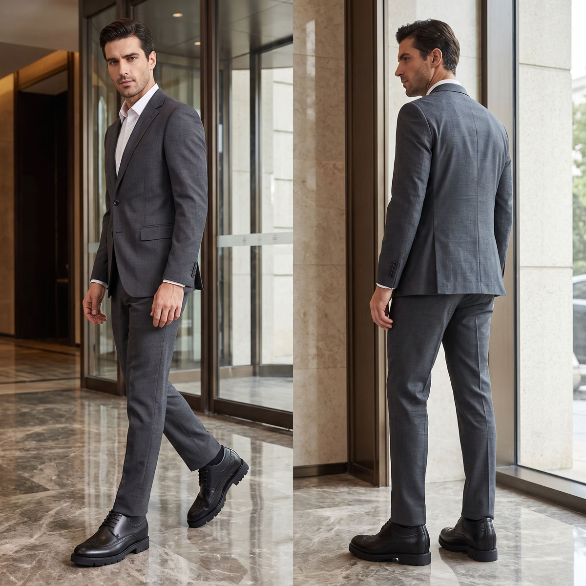 FORCIANO GRANDIOR black Height Increasing Shoes with premium leather upper shown worn with a grey suit in front and rear lifestyle views.