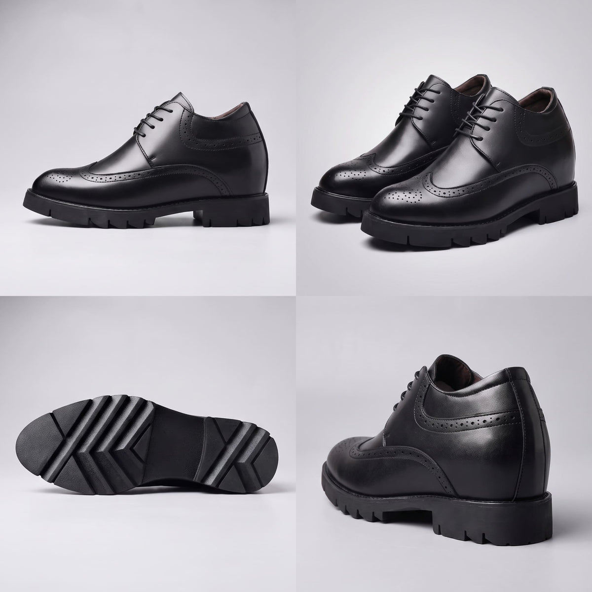 FORCIANO GRANDIOR black Height Increasing Shoes with premium leather upper shown in side, pair, outsole and rear views.