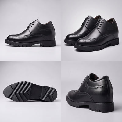FORCIANO GRANDIOR black Height Increasing Shoes with premium leather upper shown in side, pair, outsole and rear views.