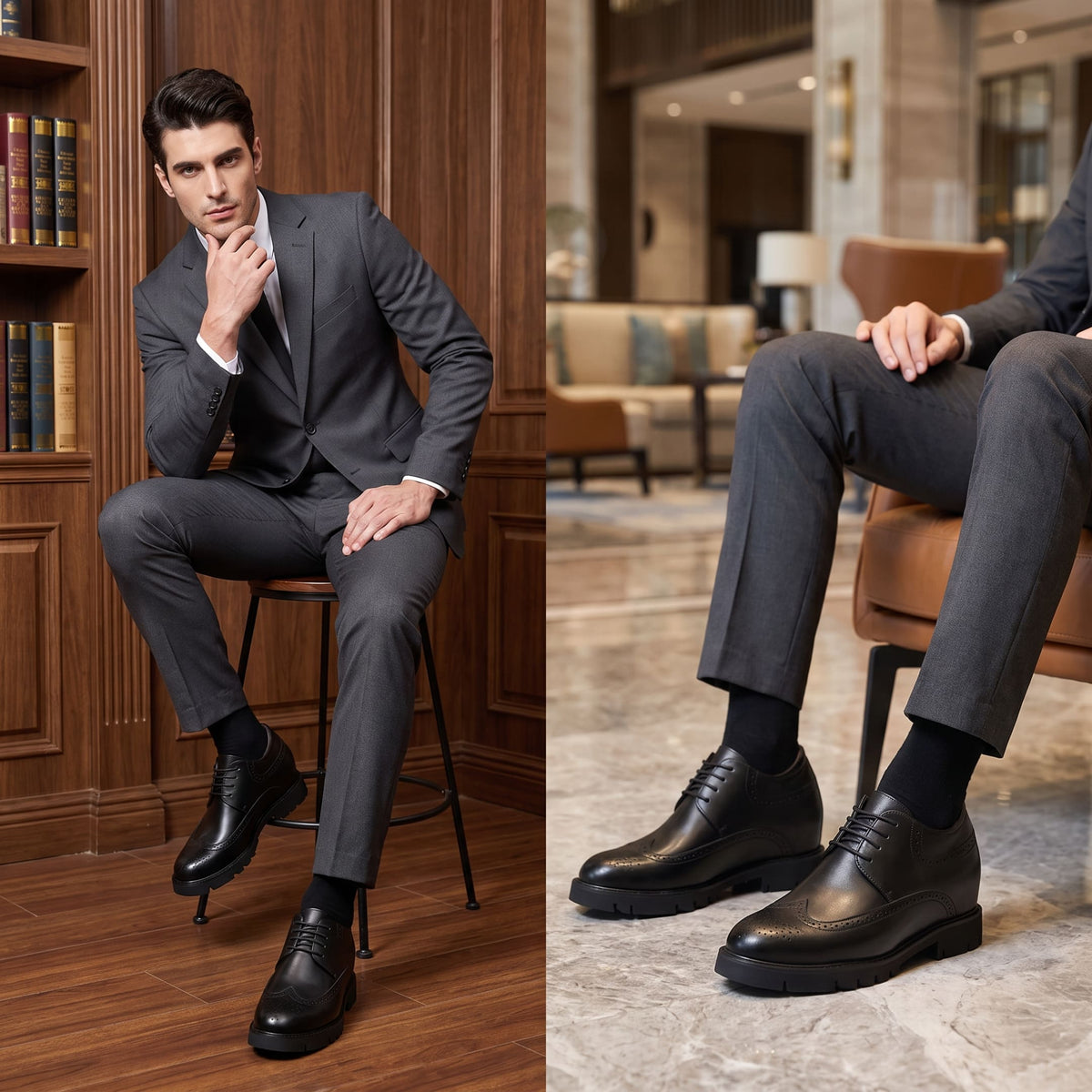 FORCIANO GRANDIOR black Height Increasing Shoes with premium leather upper shown on a seated model in two formal lifestyle views.