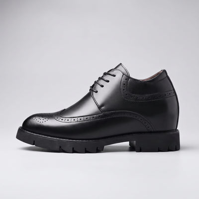 FORCIANO GRANDIOR black Height Increasing Shoes shown in side profile with premium leather upper, lace closure and decorative perforations.
