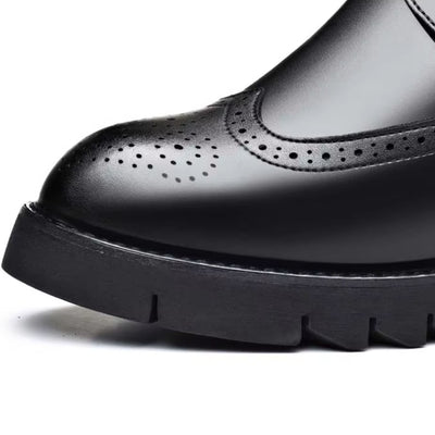 FORCIANO GRANDIOR black Height Increasing Shoes close-up showing the perforated premium leather toe and thick black outsole.