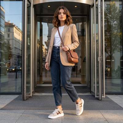 FORCIANO HAZEL beige women's platform sneakers with brown accents and premium leather uppers worn by a woman in a smart casual outdoor lifestyle scene.
