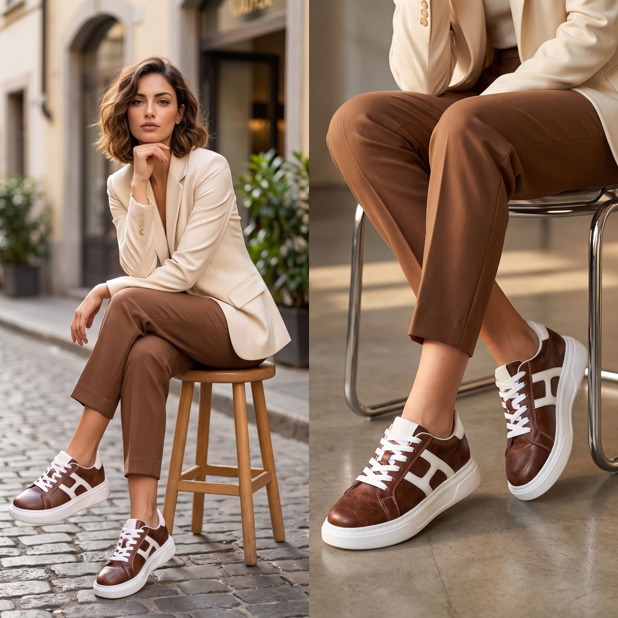 FORCIANO HAZEL brown leather sneakers worn by a woman in seated formal lifestyle scenes, presenting a refined high heel alternative for women.