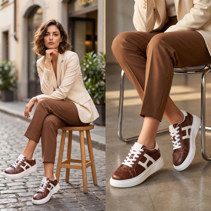 FORCIANO HAZEL brown leather sneakers worn by a woman in seated formal lifestyle scenes, presenting a refined high heel alternative for women.