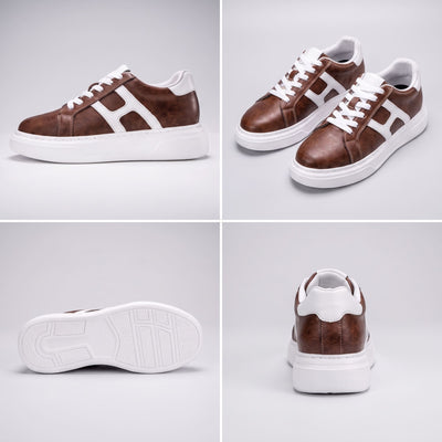 FORCIANO HAZEL brown women's platform sneakers in a multi-view collage showing side profile, pair view, outsole and rear angle with premium leather uppers.