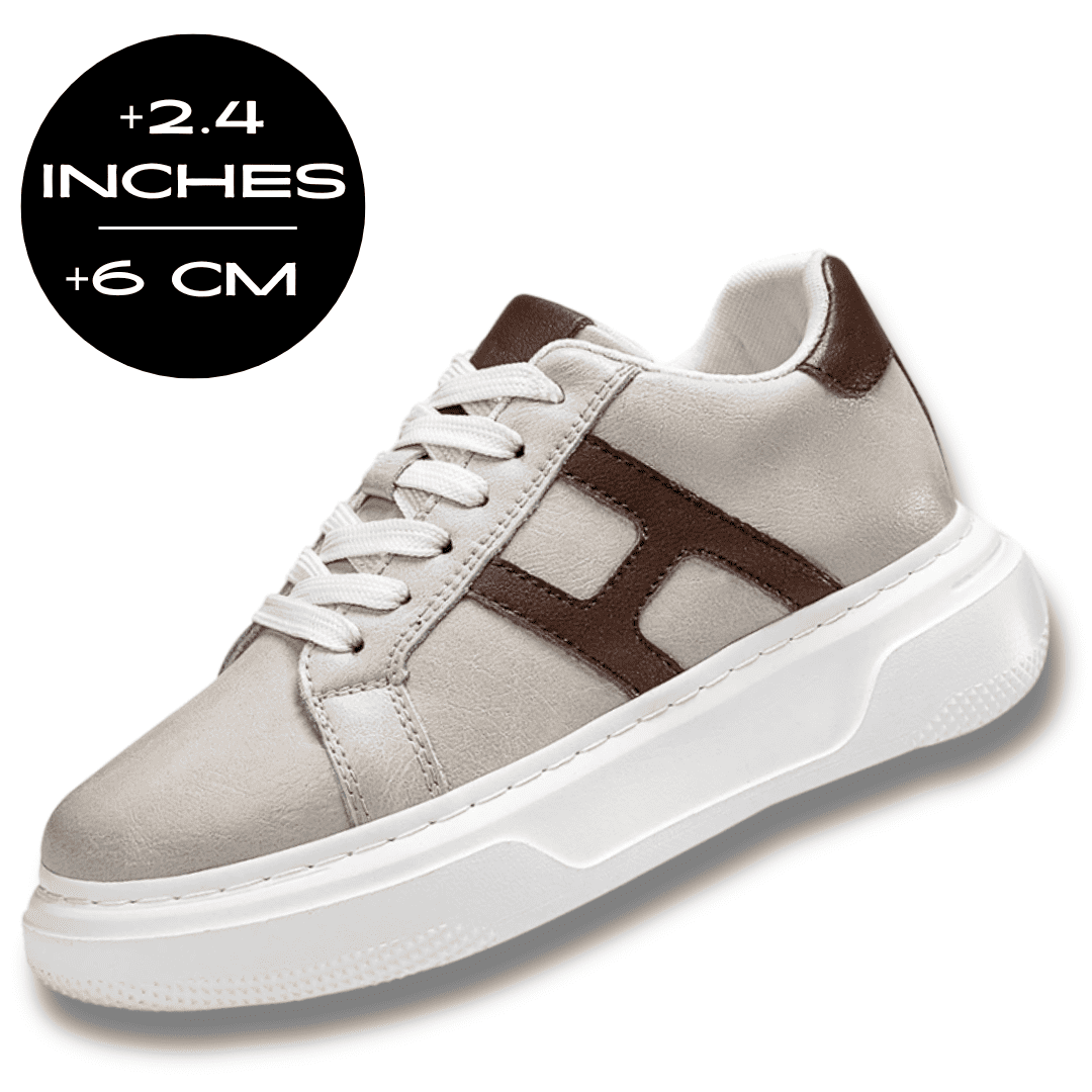FORCIANO HERCULES beige Height Increasing Sneakers in a front three-quarter view with premium leather and a 6 cm / 2.4 inches height graphic.
