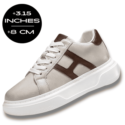 FORCIANO HERCULES beige Height Increasing Sneakers shown as a single premium leather sneaker with an 8 cm / 3.15 inches height graphic.