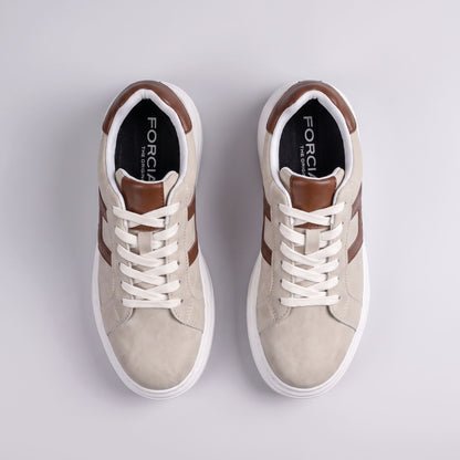 Top view of FORCIANO HERCULES beige premium leather Height Increasing Sneakers showing white laces, brown accents, and black insoles.