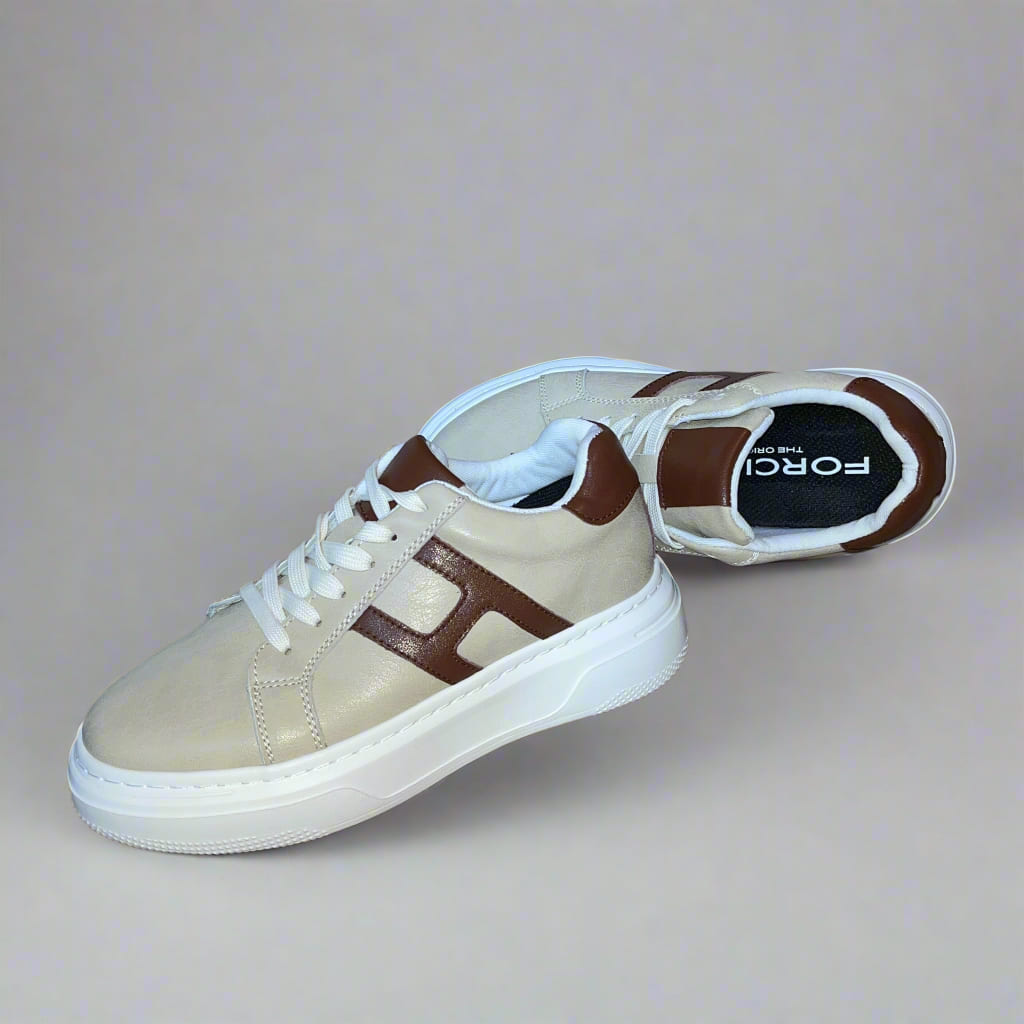 FORCIANO HERCULES beige Height Increasing Sneakers in premium leather arranged as a pair in a diagonal view with brown side accents, white laces, and white soles.
