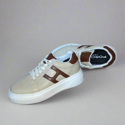 FORCIANO HERCULES beige Height Increasing Sneakers in premium leather arranged as a pair in a diagonal view with brown side accents, white laces, and white soles.
