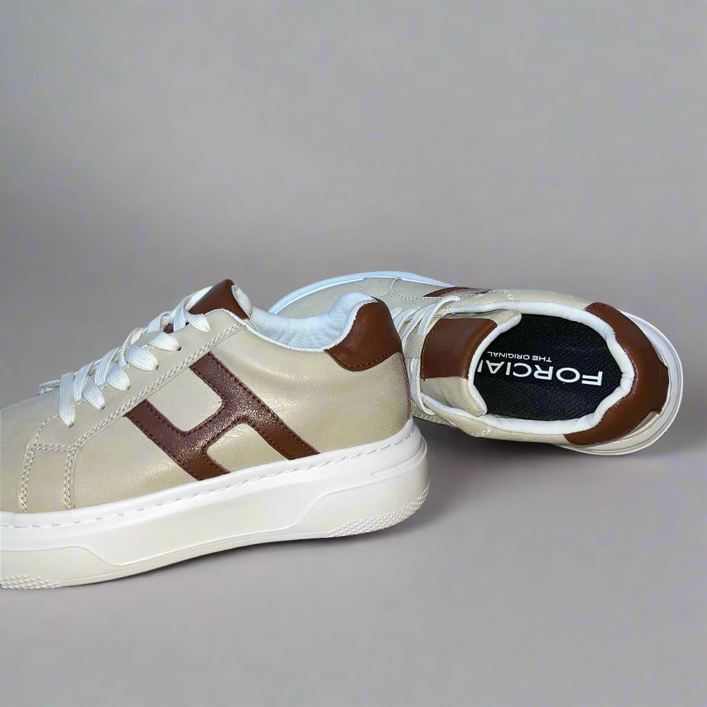 FORCIANO HERCULES beige Height Increasing Sneakers in premium leather shown as a pair from a side and top angle with brown accents and white soles.