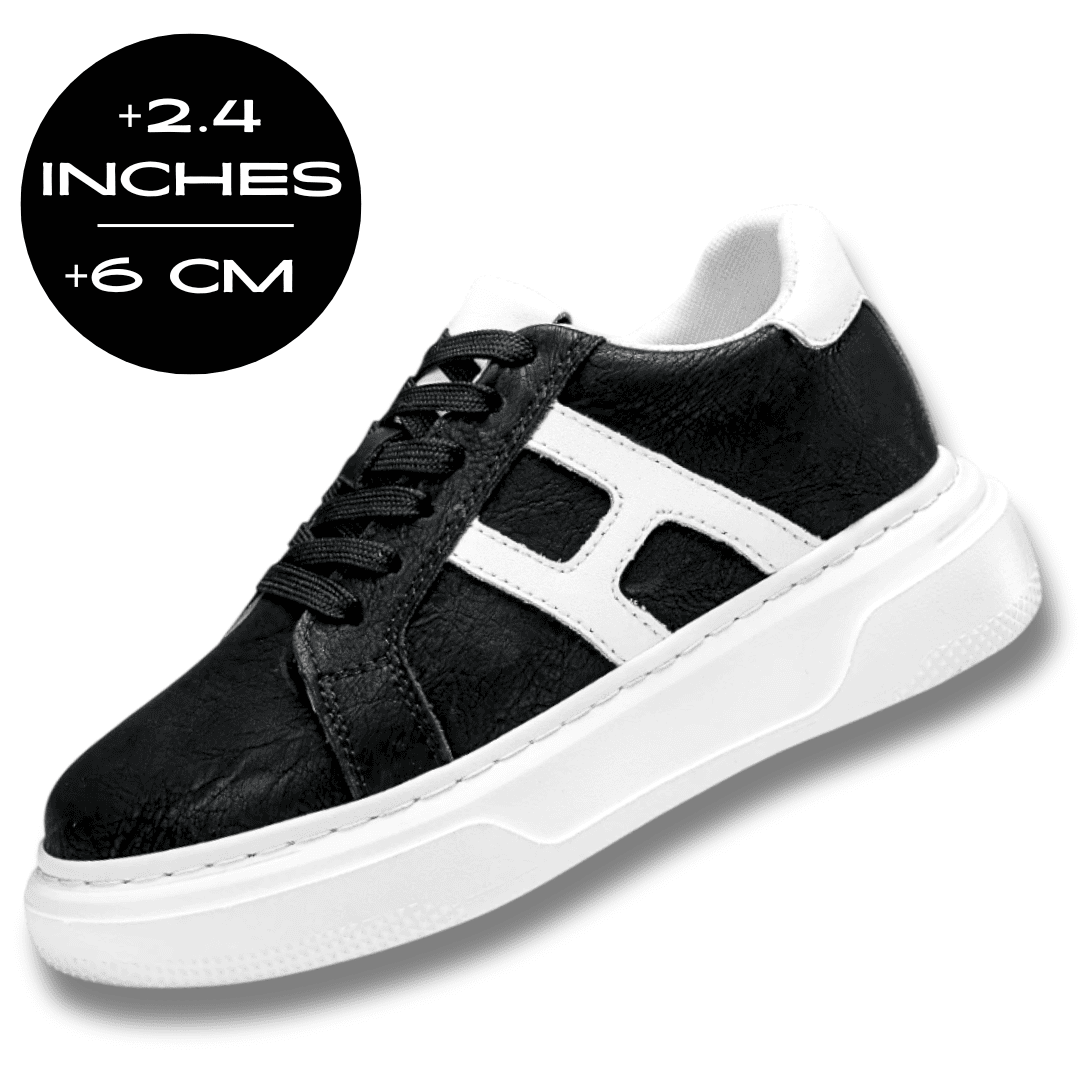 FORCIANO HERCULES black Height Increasing Sneakers in a single-shoe front angle with premium leather, white accents, and a 6 cm / 2.4 inches height graphic.