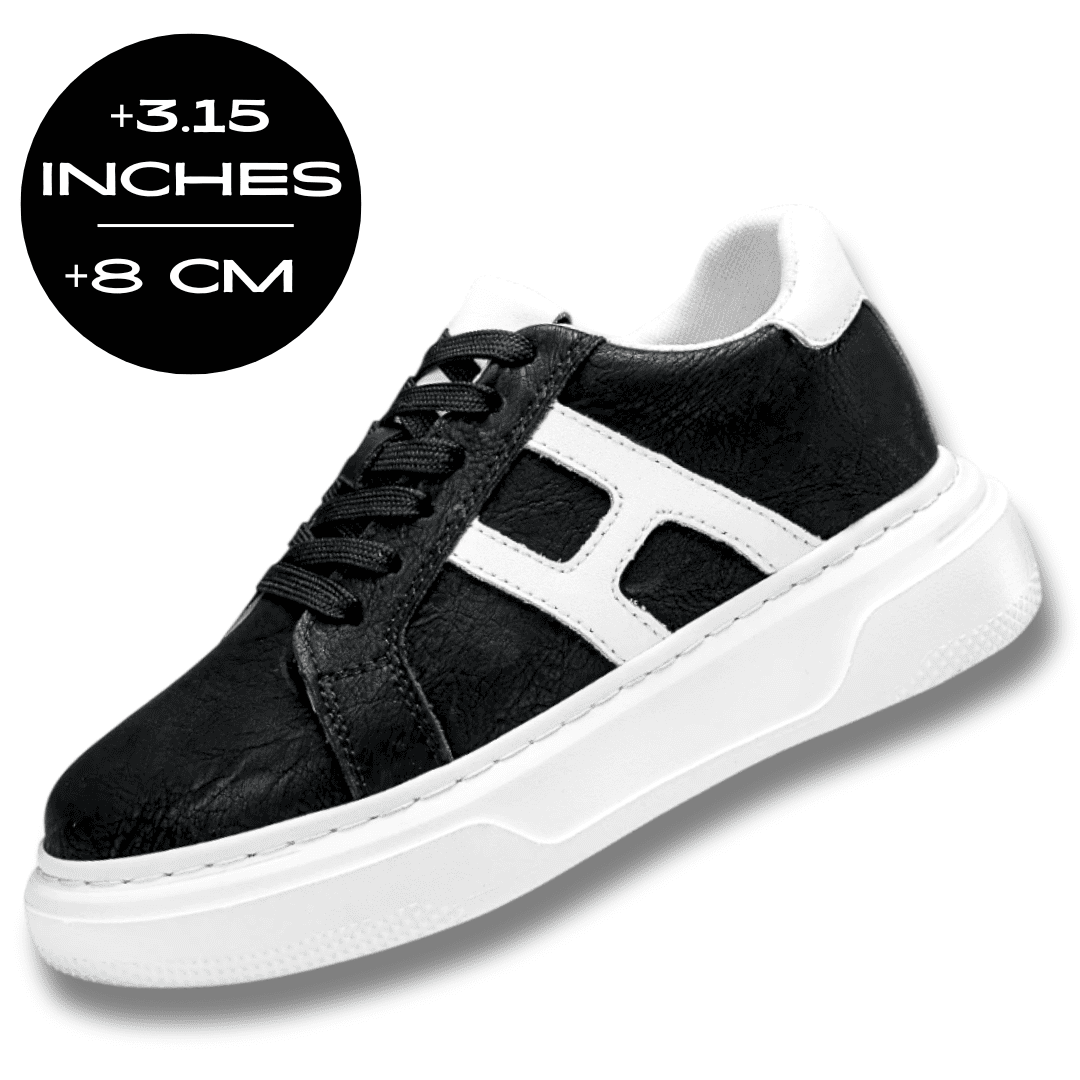 FORCIANO HERCULES black Height Increasing Sneakers shown as a single premium leather sneaker with white accents and an 8 cm / 3.15 inches height graphic.