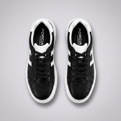 FORCIANO HERCULES black premium leather Height Increasing Sneakers shown as a pair from above with black laces, white accents, and black insoles.
