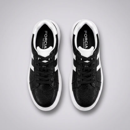 FORCIANO HERCULES black premium leather Height Increasing Sneakers shown as a pair from above with black laces, white accents, and black insoles.