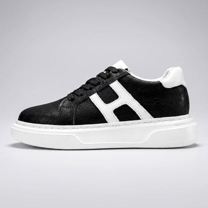 FORCIANO HERCULES black premium leather Height Increasing Sneaker shown in full side profile with white side accent and white sole.