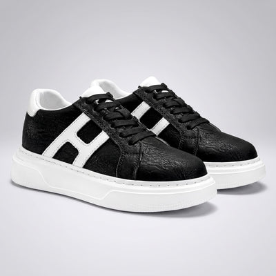 FORCIANO HERCULES black premium leather Height Increasing Sneakers shown as a pair from the front angle with white side accents and soles.