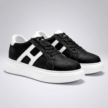 FORCIANO HERCULES black premium leather Height Increasing Sneakers shown as a pair from the front angle with white side accents and soles.