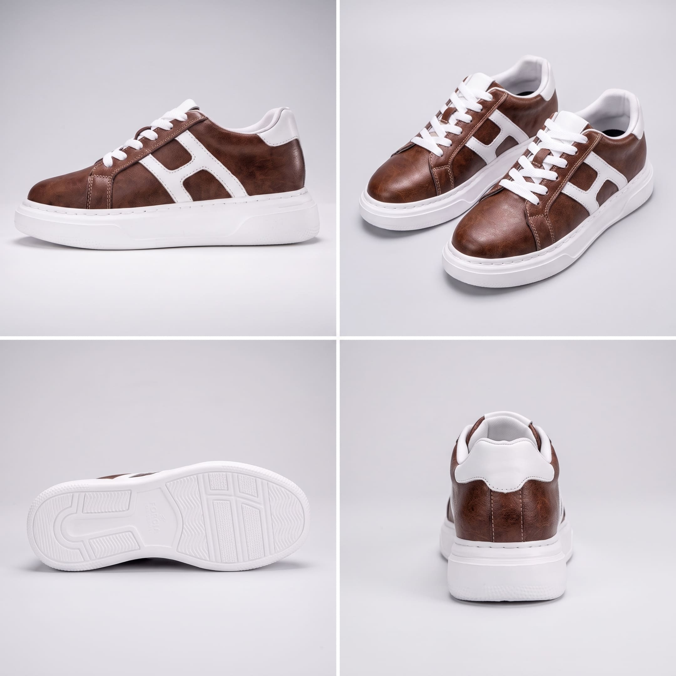 Multi-view collage of FORCIANO HERCULES brown premium leather Height Increasing Sneakers showing side profile, pair angle, outsole, and rear view.