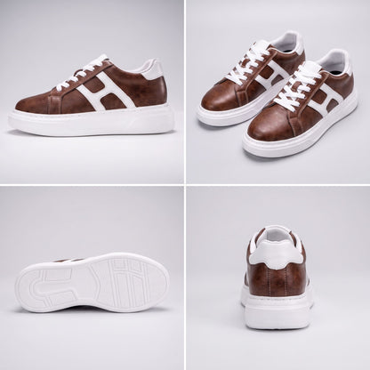 Multi-view collage of FORCIANO HERCULES brown premium leather Height Increasing Sneakers showing side profile, pair angle, outsole, and rear view.