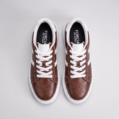 Top view of FORCIANO HERCULES brown premium leather Height Increasing Sneakers showing the pair, white laces, white accents, and black insoles.