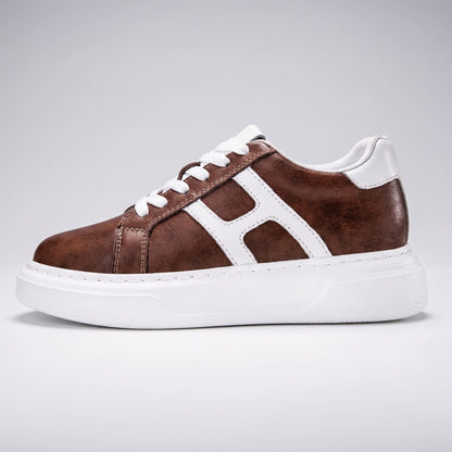 Side profile of FORCIANO HERCULES brown premium leather Height Increasing Sneaker with white side accent, white laces, and white sole.