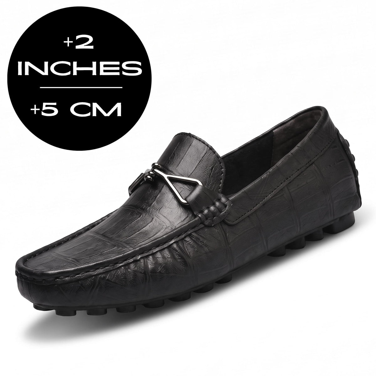 Black leather FORCIANO HERITAGE Elevator Loafer shown at a front three-quarter angle with a height increase graphic reading +2 inches / +5 cm.