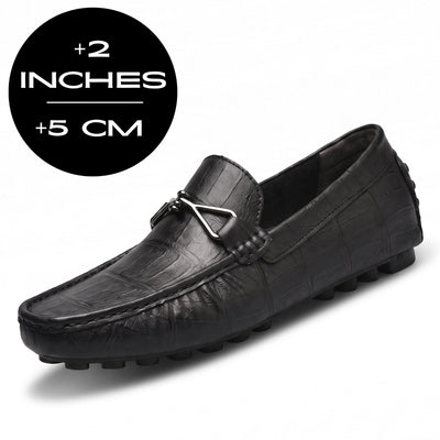 Black leather FORCIANO HERITAGE Elevator Loafer shown at a front three-quarter angle with a height increase graphic reading +2 inches / +5 cm.