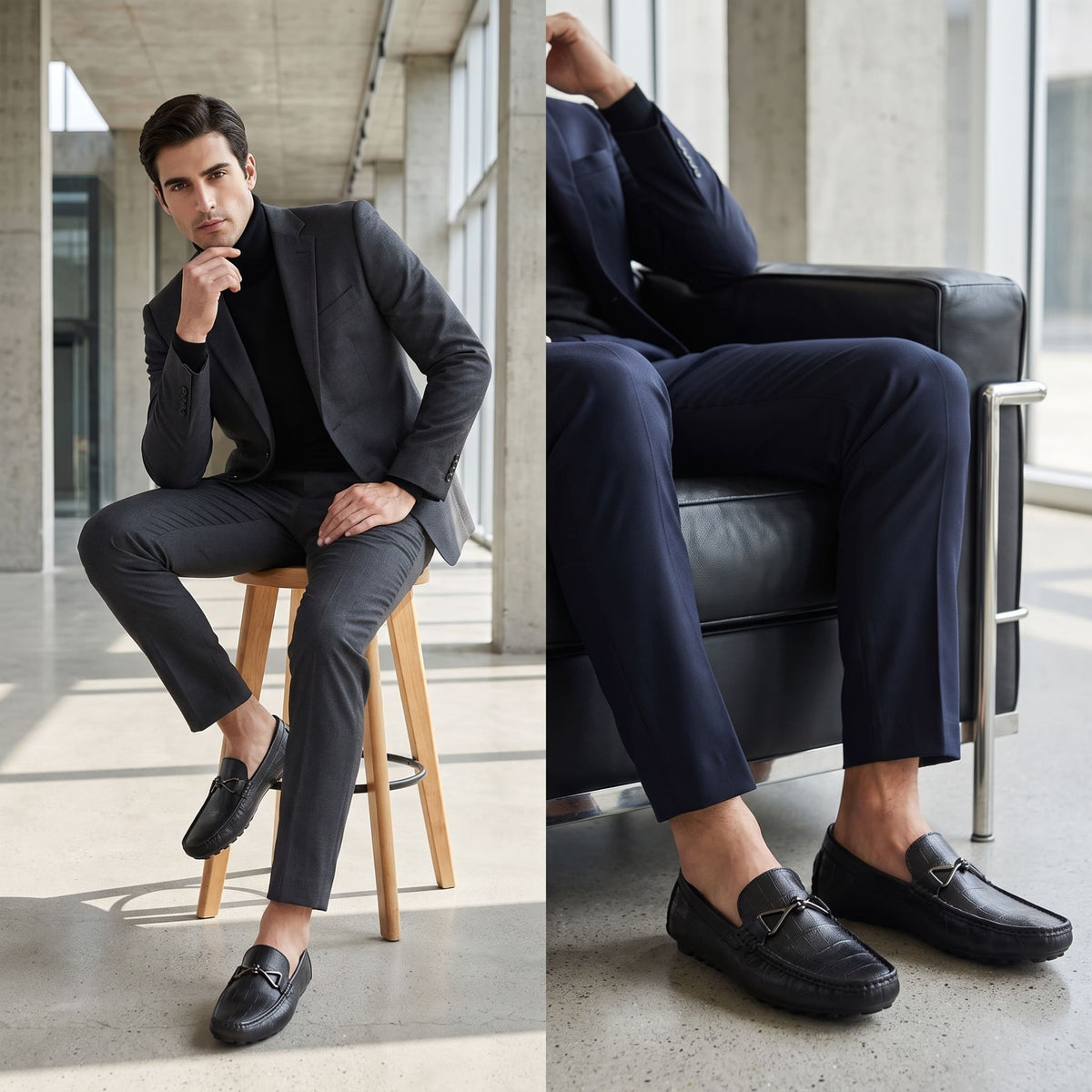 Two-panel formal lifestyle image of a man in dark tailored clothing wearing black FORCIANO HERITAGE Elevator Loafers while seated indoors.