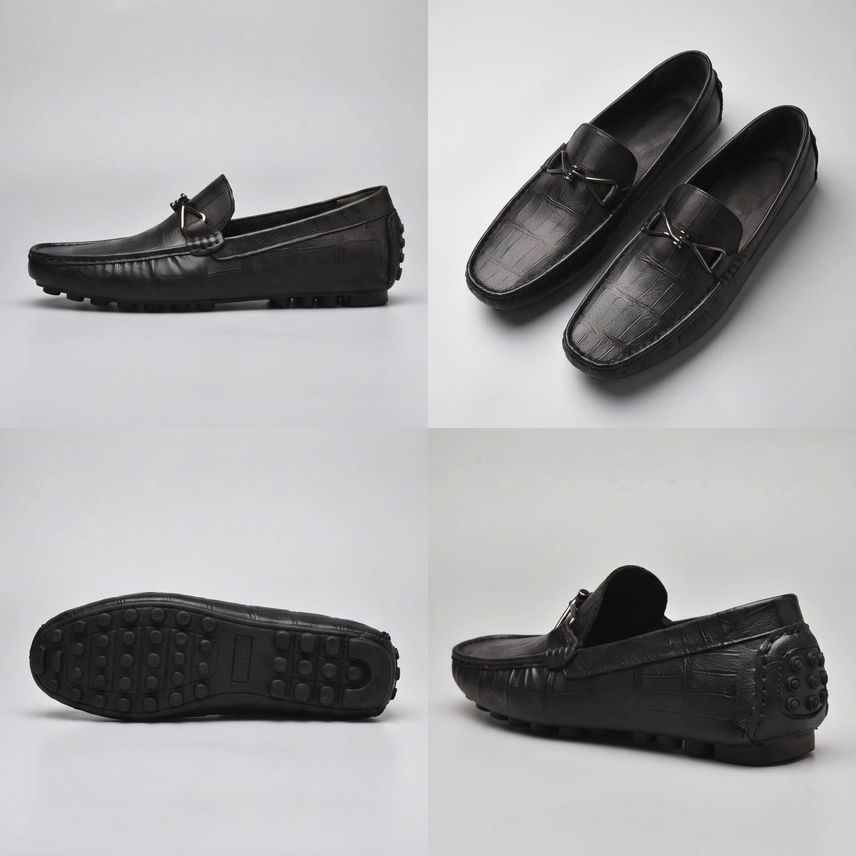Four-view collage of black leather FORCIANO HERITAGE Elevator Loafers featuring side profile, angled pair, rubber outsole and rear heel details.