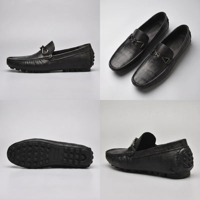 Four-view collage of black leather FORCIANO HERITAGE Elevator Loafers featuring side profile, angled pair, rubber outsole and rear heel details.