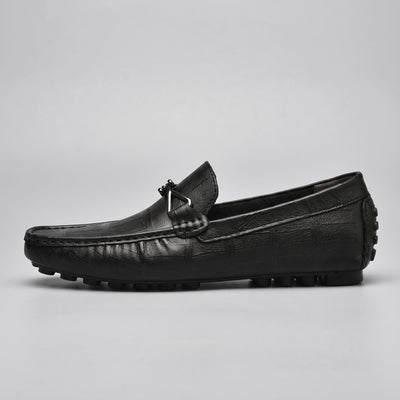 Full side view of a single black leather FORCIANO HERITAGE Elevator Loafer highlighting its low-profile silhouette, stitched upper and rubber-studded outsole.